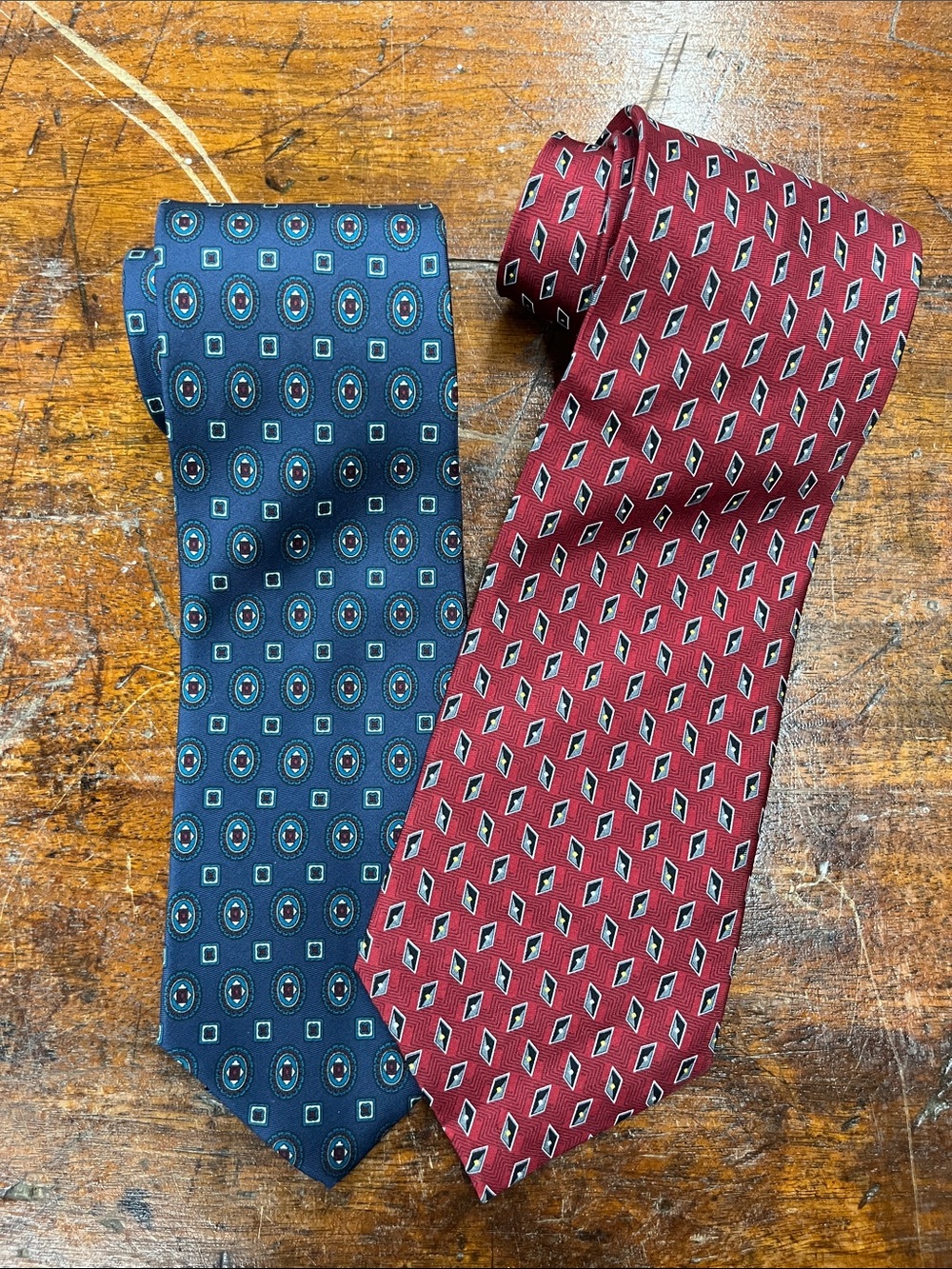 Pair Vintage Red and Blue Patterned 100% Silk Ties Geometric Paisley